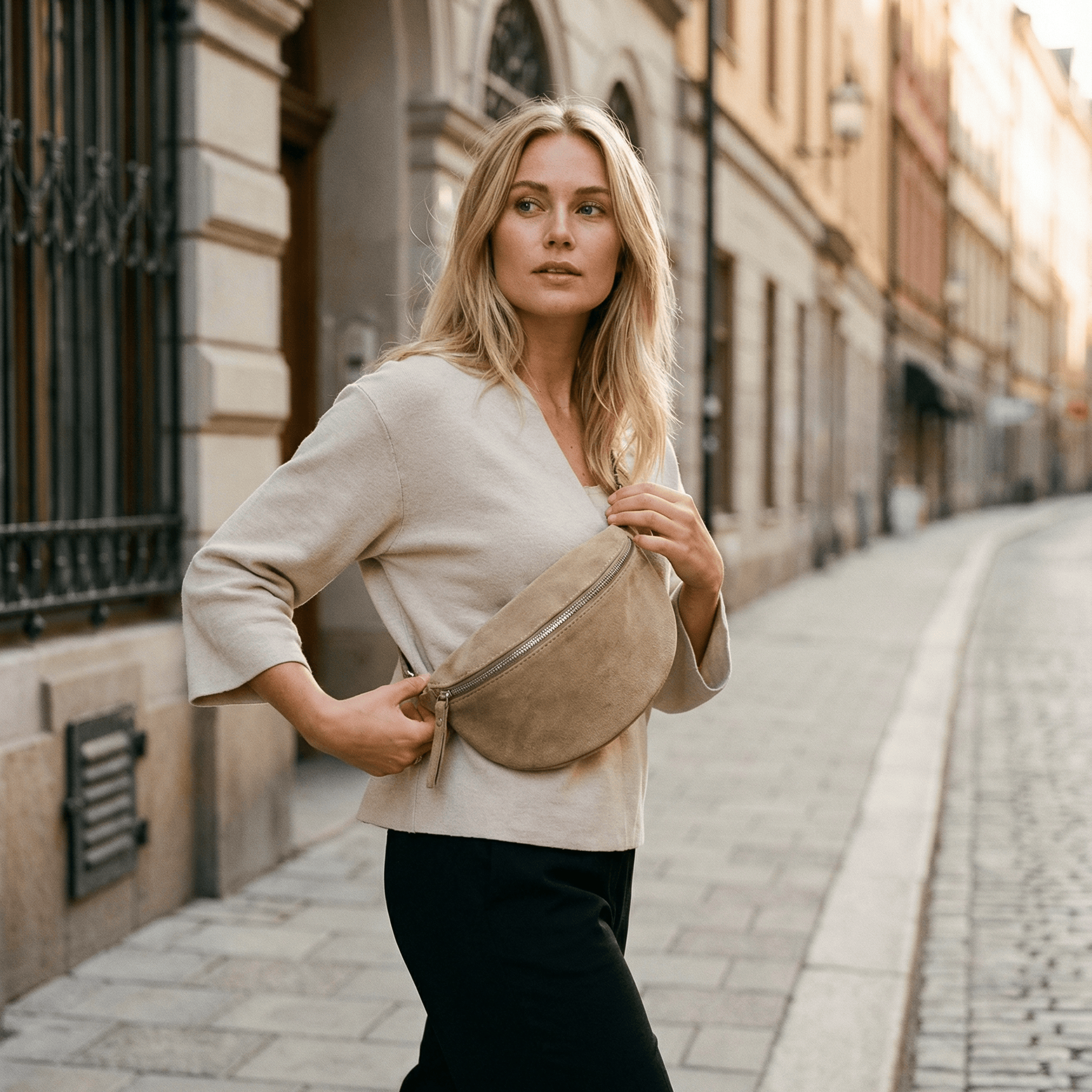 Suede bum bag VALENTINA beige