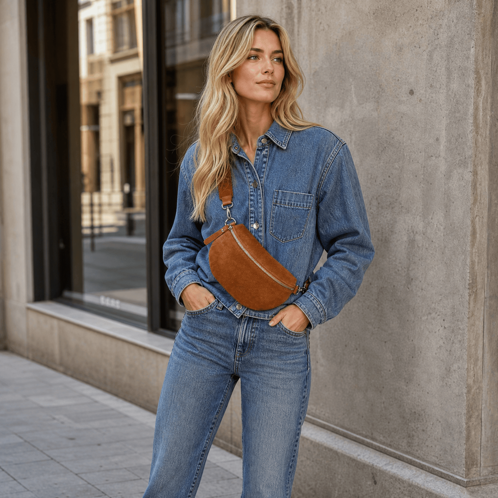 lepelou-leder-Bauchtasche-VALENTINA Wildleder Bauchtasche cognac - Large -LPBVALCOGL