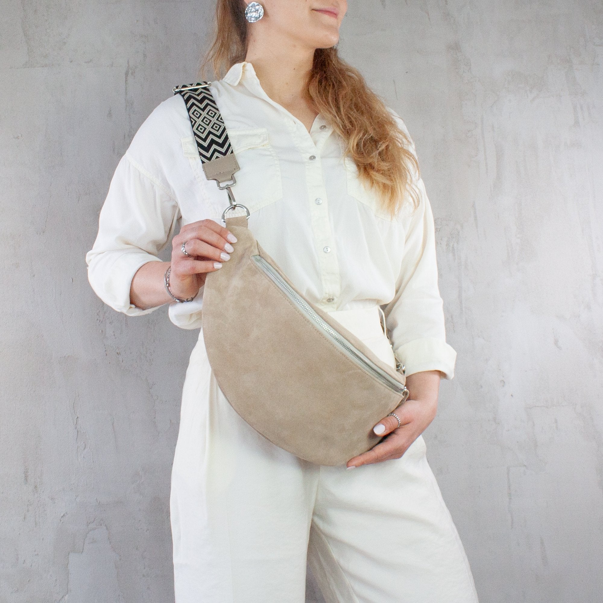 lepelou - leder - Bauchtasche - XL Wildleder Bauchtasche beige mit Wechselgurt - LPBVALBEIXL1