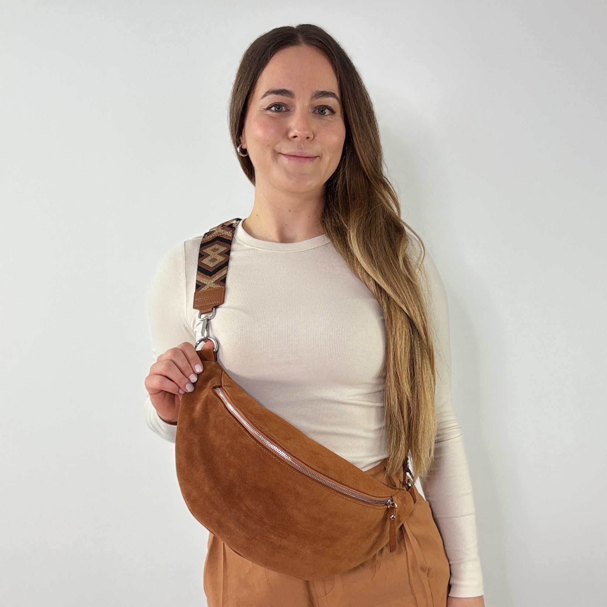lepelou - leder - Bauchtasche - XL Wildleder Bauchtasche cognac mit Wechselgurt - LPBVALCOGXL5