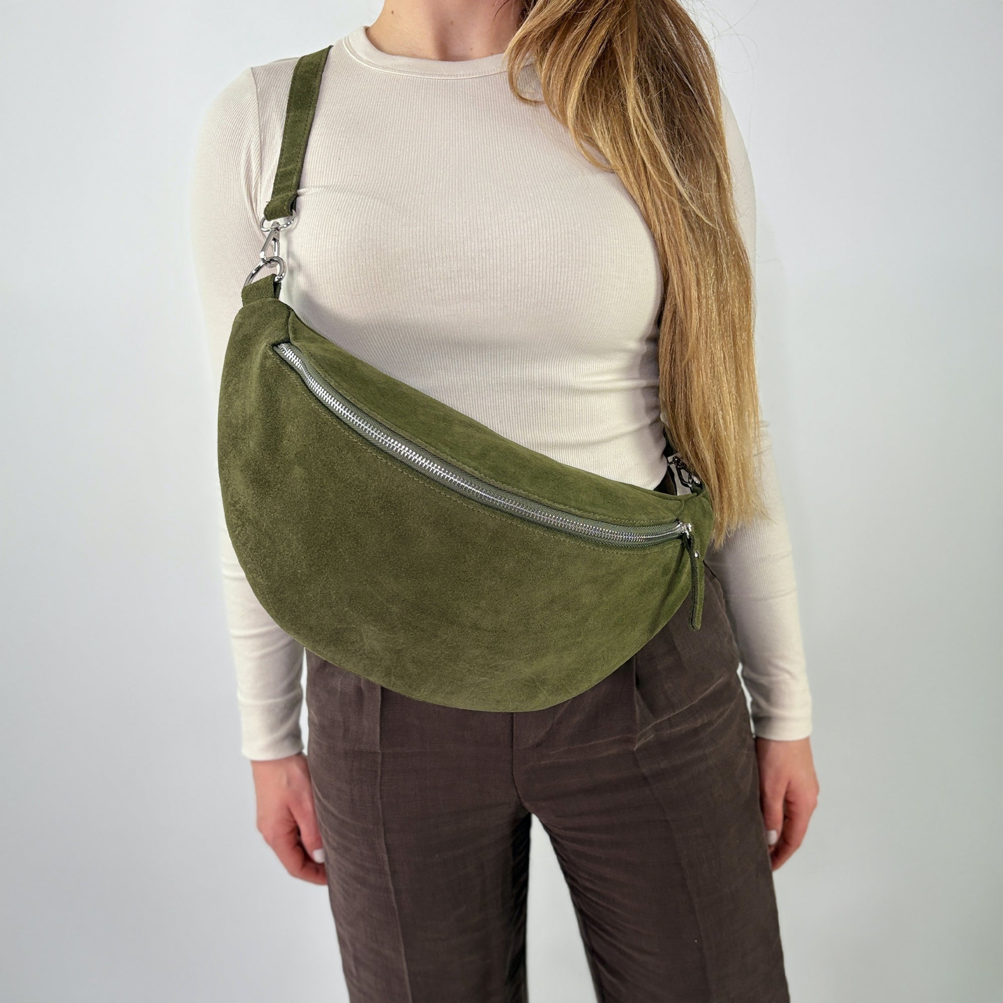 lepelou - leder - Bauchtasche - XL Wildleder Bauchtasche khaki mit Wechselgurt - LPBVALKHAXL1