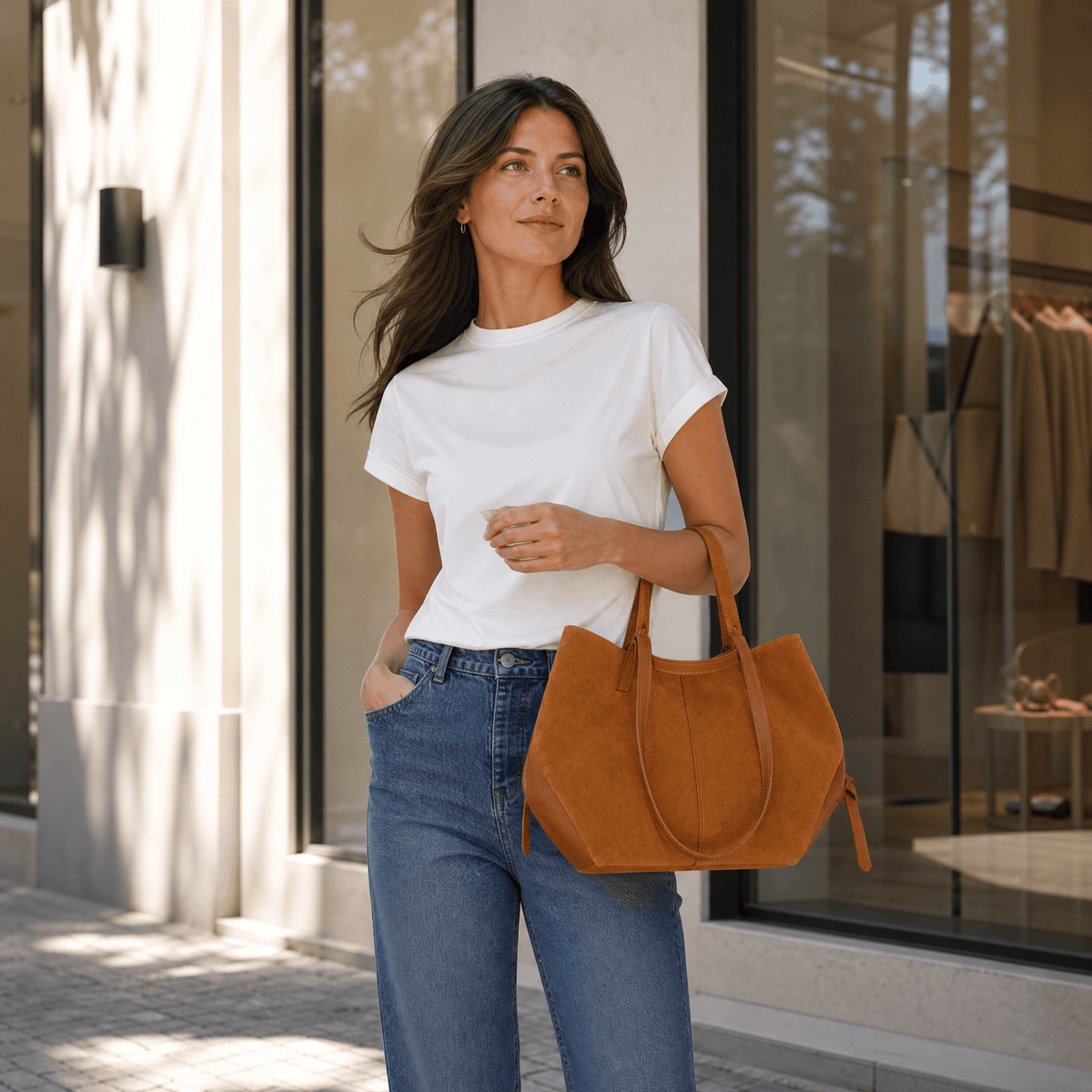 lepelou-leder-Handtaschen-Wildleder Handtasche TARA cognac -