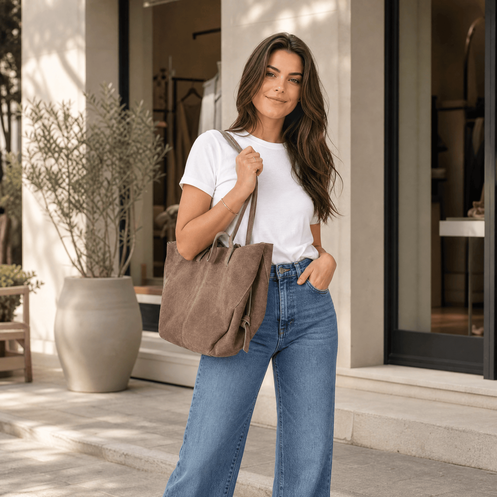lepelou-leder-Handtaschen-Wildleder Handtasche TESSA taupe -LPHTESTAU