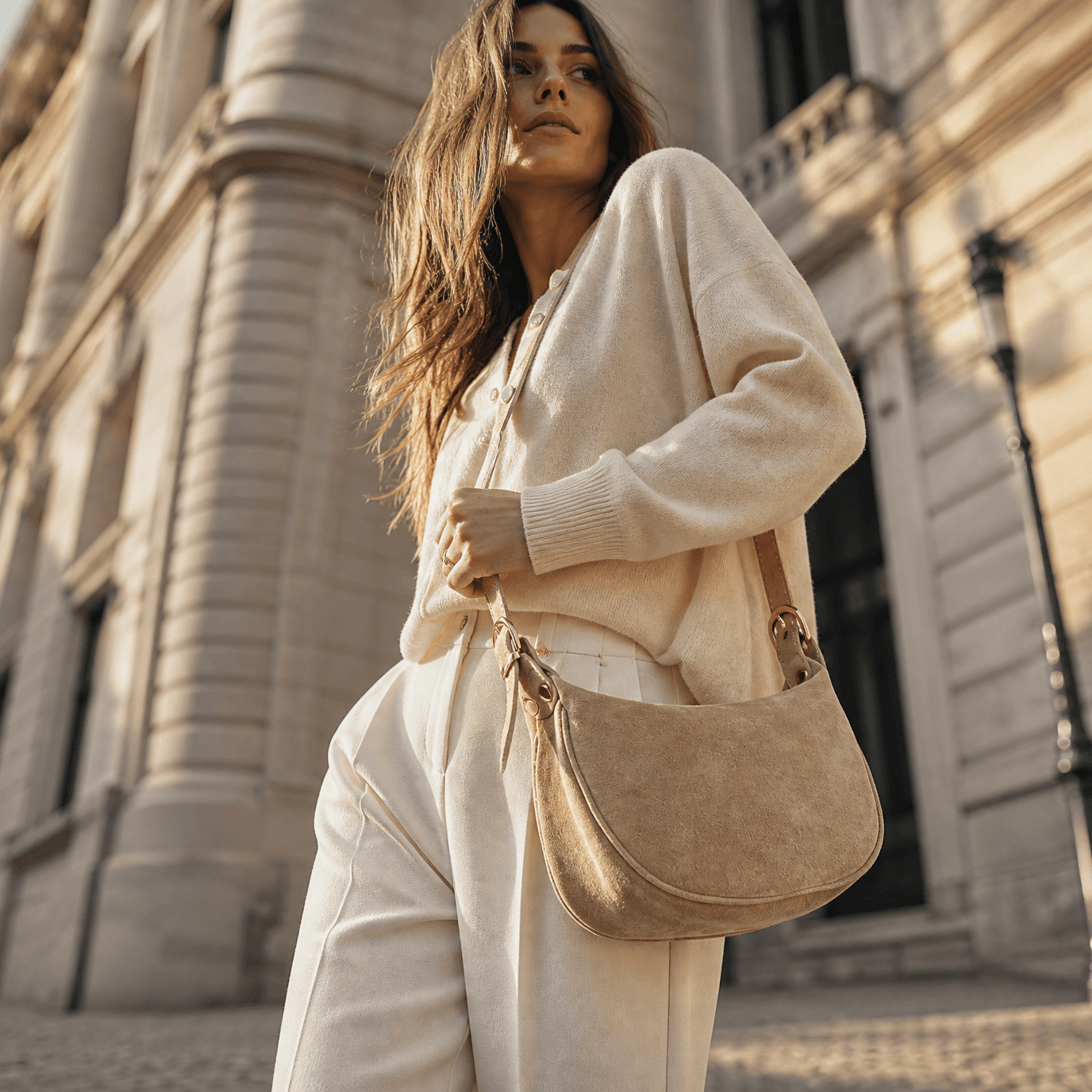 lepelou-leder - MINA – Wildleder Umhängetasche beige -LPHMINBEI