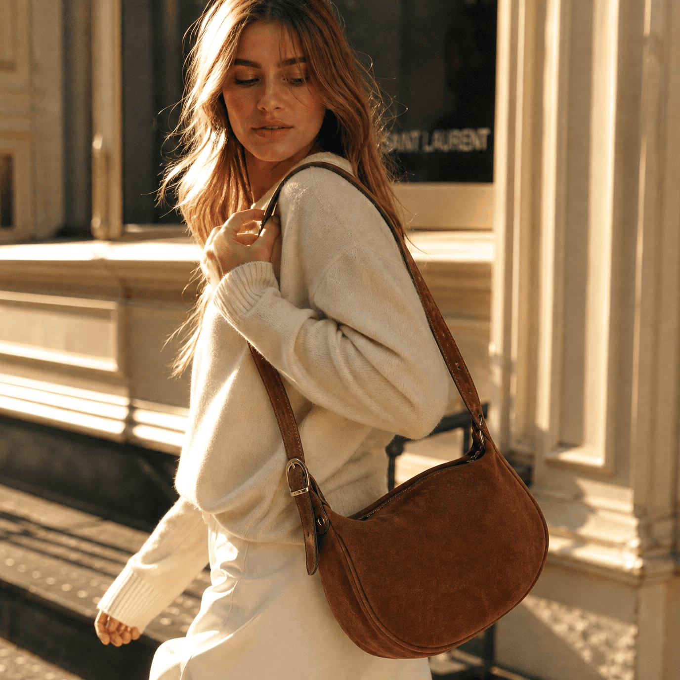 lepelou-leder - MINA – Wildleder Umhängetasche cognac -LPHMINCOG